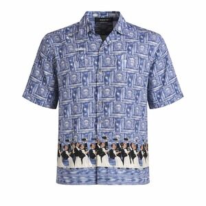 Guy Buffet Whimsical 100% Silk Blue Artwork French Waiter Short Sleeve Shirt XL